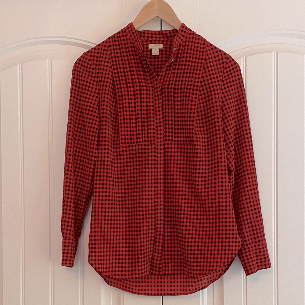 J. Crew Factory Drapey Buffalo Check Plaid/ Gingham Red Black Tuxedo Top Size XS